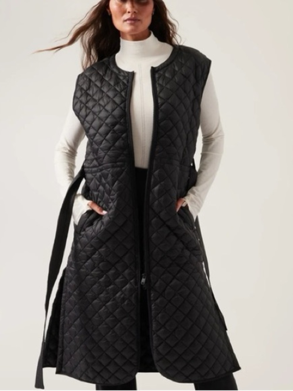Athleta Belted Whisper Featherless Quilted Long Black Vest Size XS 54725